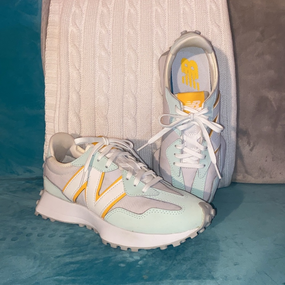 New Balance 327 Sneakers- White with pale aqua & bright yellow details - Size 8
